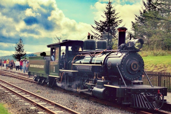 a train engine carrying carts down a track