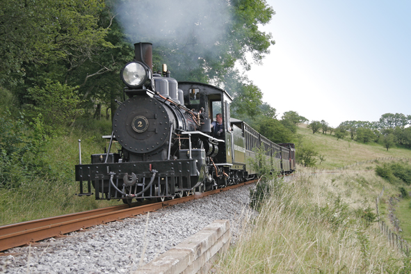 a steam engine train traveling down train tracks near a forest