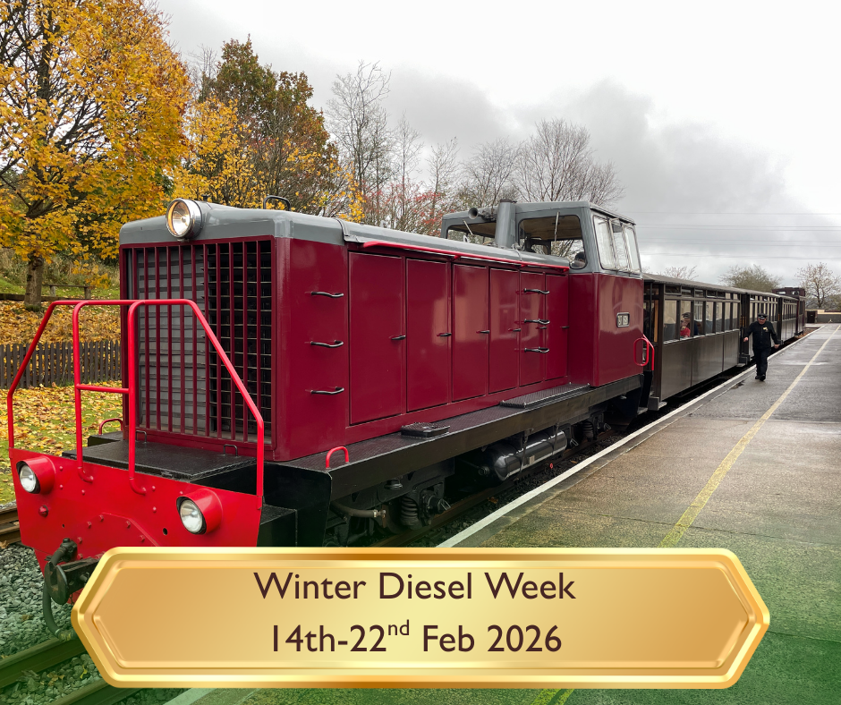 Red diesel train at station with autumn trees, titled 'Winter Diesel Week 14th-22nd Feb 2026'.