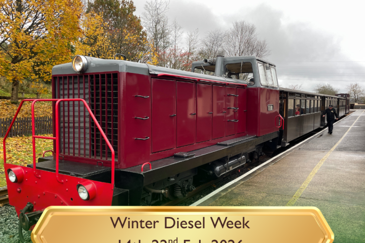 Red diesel train at station with autumn trees, titled 'Winter Diesel Week 14th-22nd Feb 2026'.