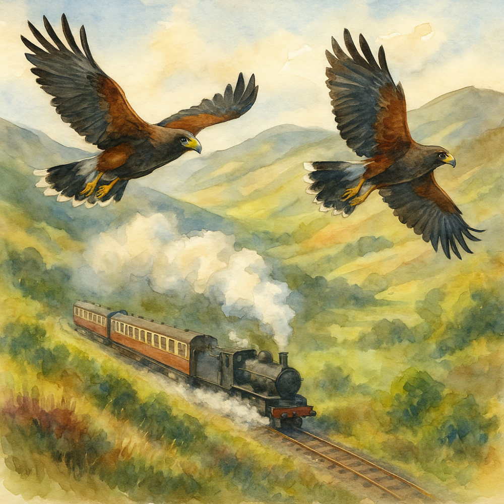 Two eagles flying over a steam train in a scenic hilly landscape.