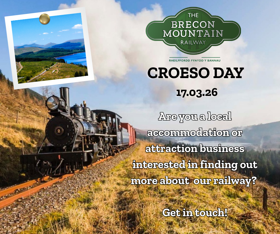 Steam train on tracks with Brecon Mountain Railway Croeso Day text and scenic photo inset.