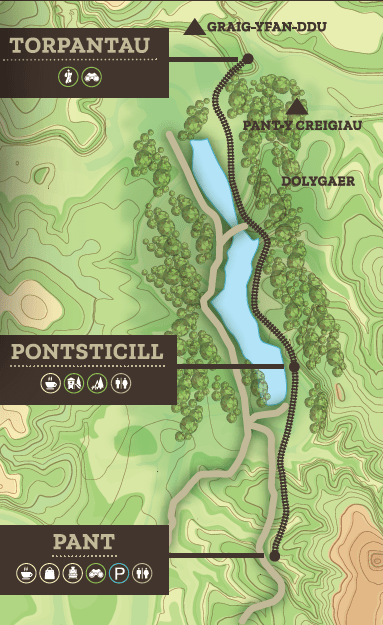 Stylized map of trail from Pant to Torpantau with icons for facilities.