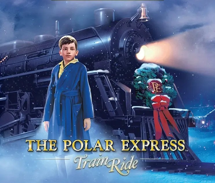 Boy in blue robe stands before train with 'The Polar Express Train Ride' text.