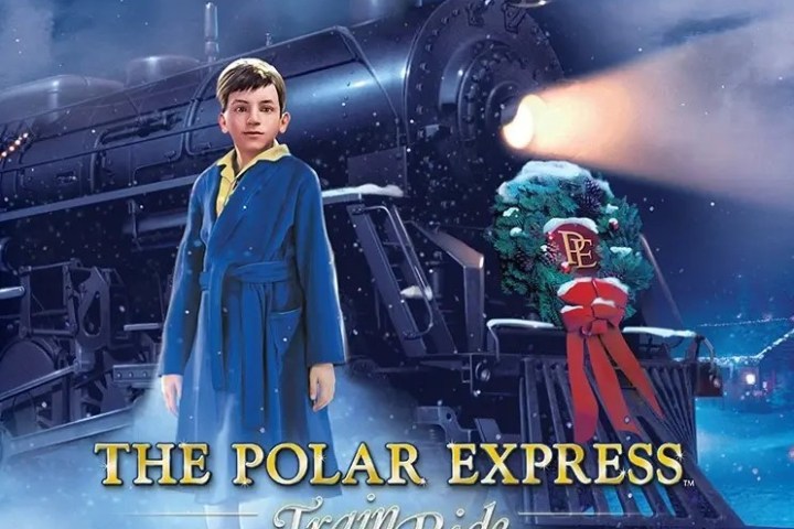 Boy in blue robe stands before train with 'The Polar Express Train Ride' text.